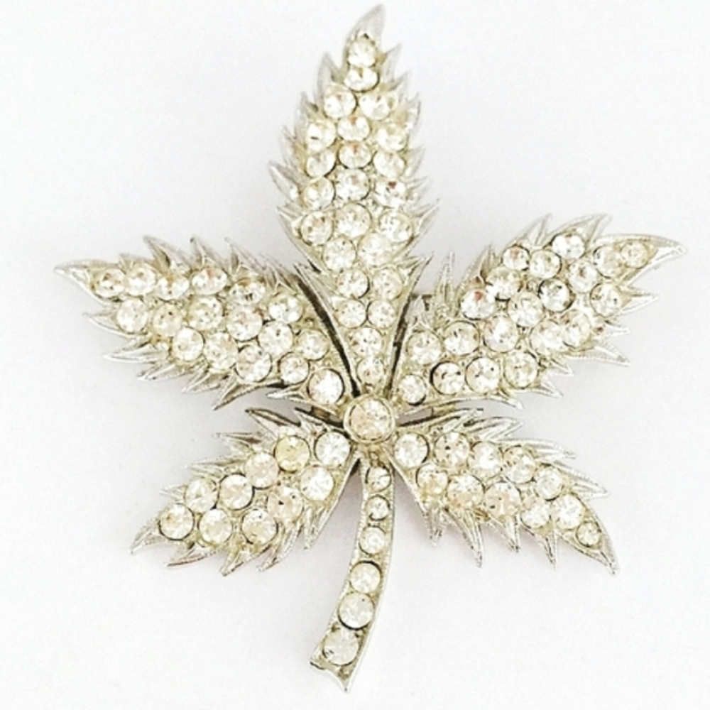 ORA Vintage Crystal Silver Leaf Brooch Pin